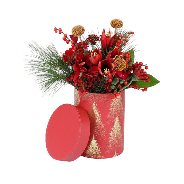Hat Box Christmas Trees Ø13×H17 cm Red/Gold – Pack of 18